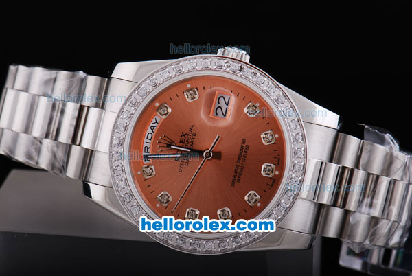 Rolex Day-Date Oyster Perpetual Automatic Rose Red Dial with Diamond Bezel and Marking - Click Image to Close